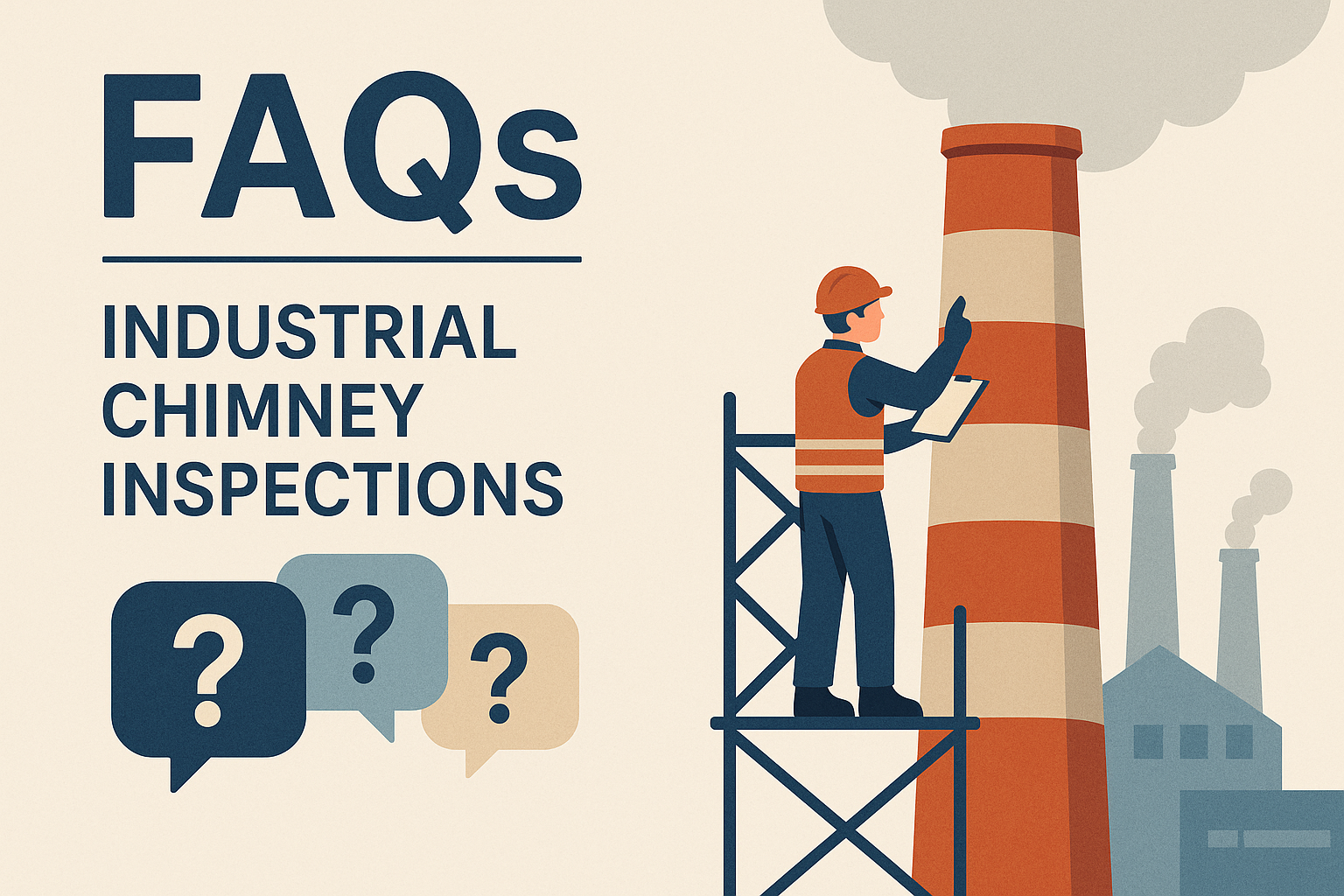 Worker on scaffolding checking an industrial chimney with a clipboard illustration.