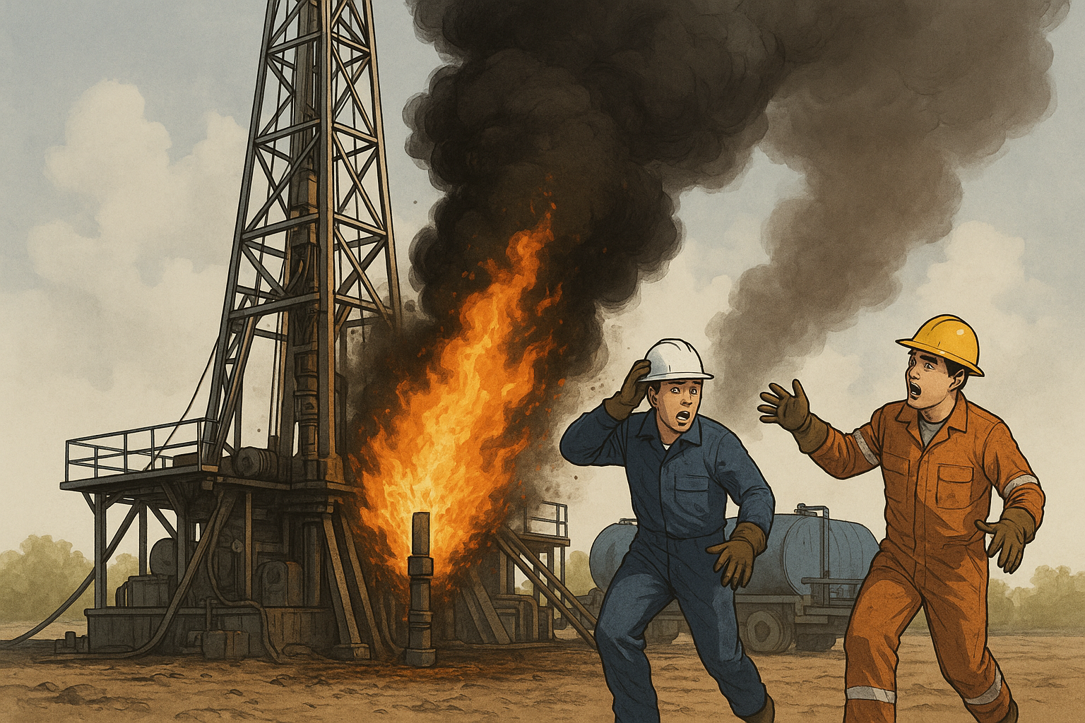 Two workers in safety gear running from a burning oil rig with flames and black smoke rising.